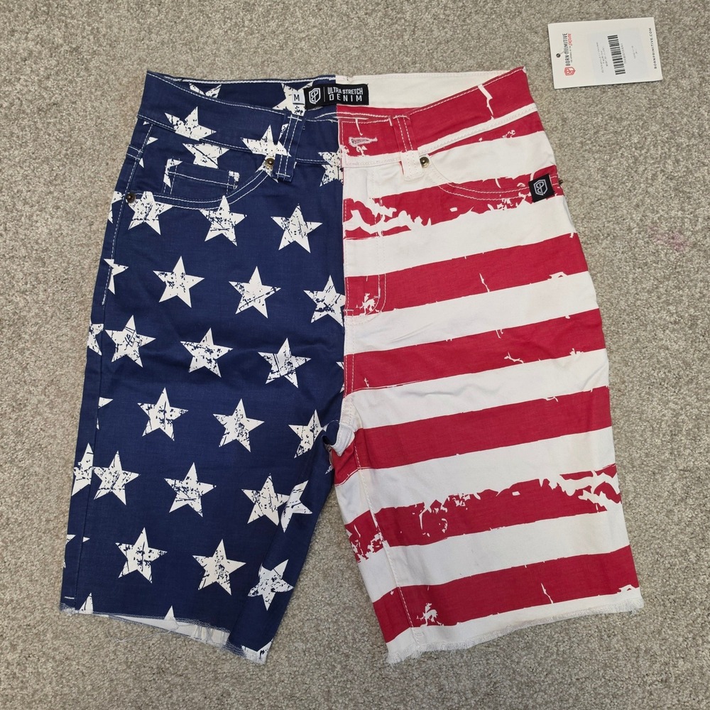 Born Primitive Flex Stretchy Jort 7 American‎ Flag Denim Shorts Mens Medium NWT